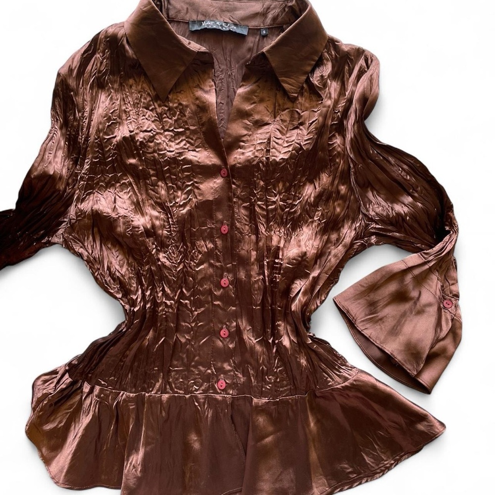 Y2K Satin Brown Crinkle Blouse with Flared Sleeves - Picture 3 of 4